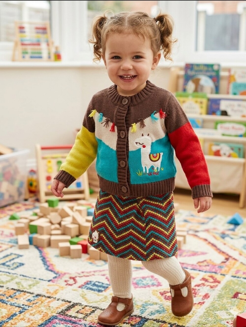 Tuc Tuc Colorful Llama Knit Cardigan and Chevron Skirt Set